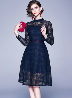 Lace Stand Collar Openwork A-line Dress