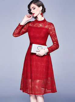 Lace Stand Collar Openwork A-line Dress