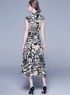 Stand Collar Zebra Wrap Maxi Dress