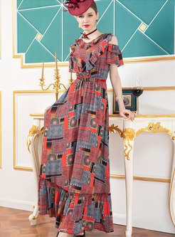Open Shoulder Print V-neck Belted Maxi Dress