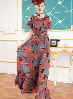 Open Shoulder Print V-neck Belted Maxi Dress