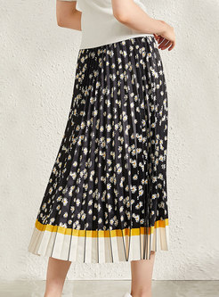 Color Block Floral Pleated A-line Skirt