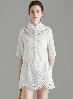 Embroidered Openwork Asymmetric Mini Suit Dress