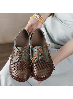 Color Block Lace-up Openwork Genuine Leather Flats