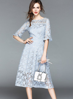 Lace Flare Sleeve Print Slim A-line Dress