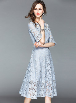 Lace Flare Sleeve Print Slim A-line Dress