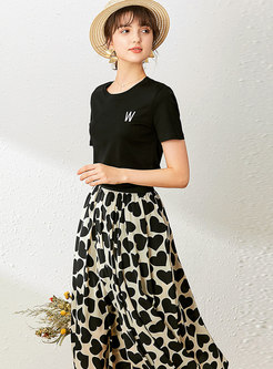 Casual Crew Neck Print A-line Skirt Suits