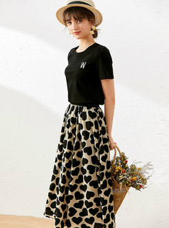 Casual Crew Neck Print A-line Skirt Suits