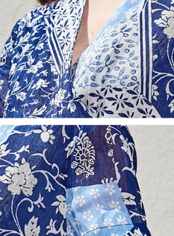 Cross V-neck Print Tied Silk Maxi Dress