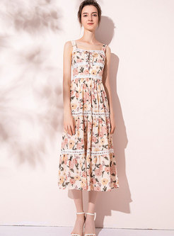 Print Square Neck Lace-up Slip Maxi Dress
