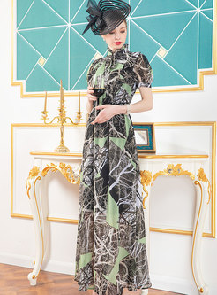 Chiffon Print Stand Collar Bowknot Maxi Dress