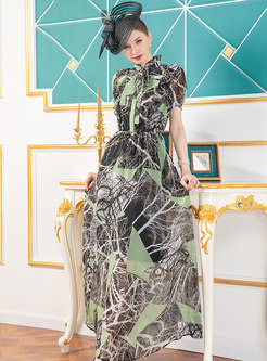 Chiffon Print Stand Collar Bowknot Maxi Dress
