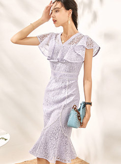 Lace V-neck Flare Sleeve Ruffle Peplum Dress