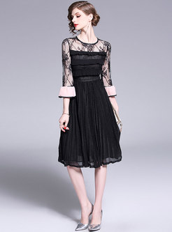 Flare Sleeve Lace Patchwork Pleated Skater Dress