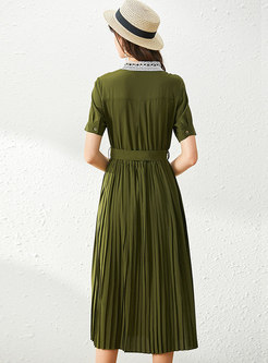 Patchwork Belted Single-breasted Pleated Midi Dress