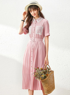 Patchwork Belted Single-breasted Pleated Midi Dress