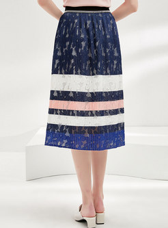 Color Block Lace Elastic Waist A-line Skirt