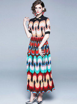 Color Block Lapel Pleated Maxi Dress