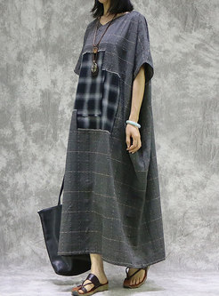 Plaid Patchwork V-neck Loose Linen Maxi Dress
