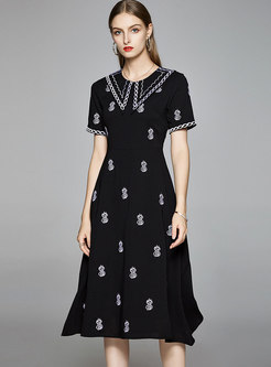 Wide Lapel Embroidered Slim A-line Dress