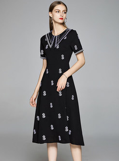 Wide Lapel Embroidered Slim A-line Dress