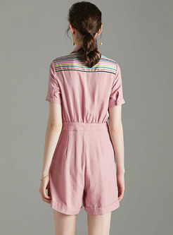 Striped Patchwork Lapel Nothed Romper