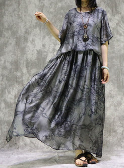 Vintage Print Loose Maxi Dress With Camis