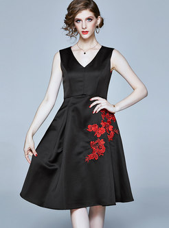 V-neck Sleeveless Embroidered Little Black Dress