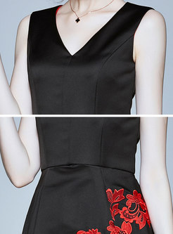 V-neck Sleeveless Embroidered Little Black Dress