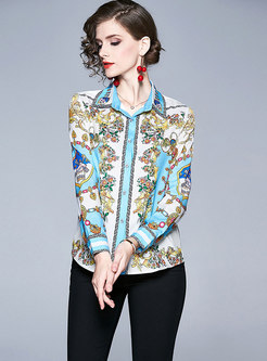 Court Print Lapel Single-breasted Blouse