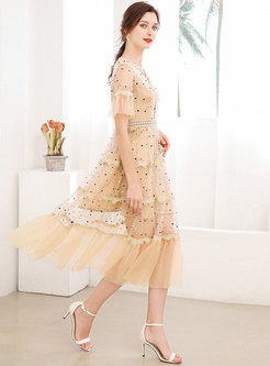 Sweet Mesh Patchwork Embroidered Bridesmaid Dress