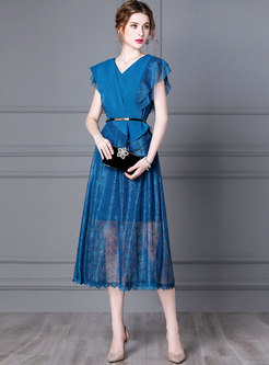 Elegant Lace Patchwork Openwork Midi Dress