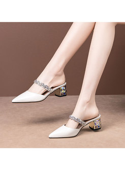 Chunky Heel Studded Pointed Toe Slippers