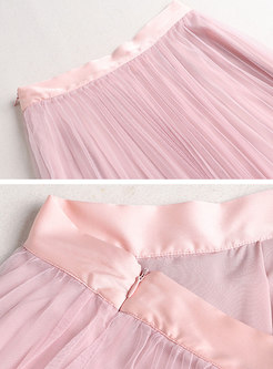 Ruffle Collar Print Top & Mesh Pleated Skirt