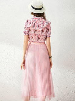 Ruffle Collar Print Top & Mesh Pleated Skirt