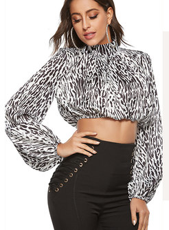 Stand Collar Leopard Cropped Blouse