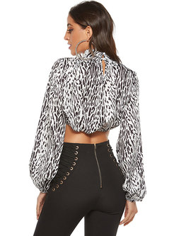 Stand Collar Leopard Cropped Blouse