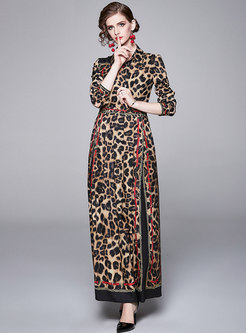 Vintage Leopard Lapel Slim Maxi Dress