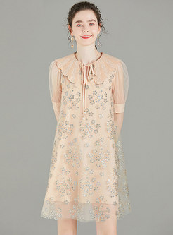 Doll Collar Embroidered Mesh Shift Dress