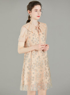Doll Collar Embroidered Mesh Shift Dress