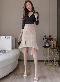 High Waisted Rivet Asymmetric Peplum Skirt