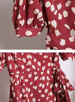 Print Puff Sleeve V-neck Wrap Midi Dress