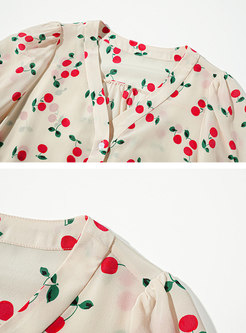 V-neck Single-breasted Cherry Print Blouse