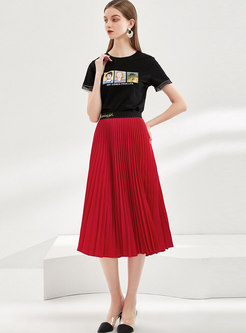 Letter Embroidered Pleated A-line Skirt
