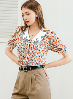 Puff Sleeve Embroidered Lapel Blouse