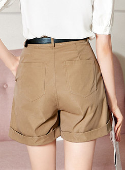 Casual Solid Color Belted Ruched Shorts