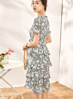 Floral V-neck Drawcord Cake Dress