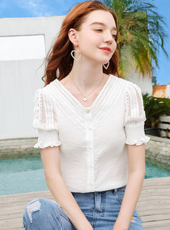 V-neck Lace Patchwork Single-breasted Blouse