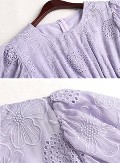 Puff Sleeve Embroidered Empire Waist Midi Dress