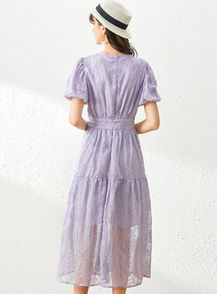 Puff Sleeve Embroidered Empire Waist Midi Dress
